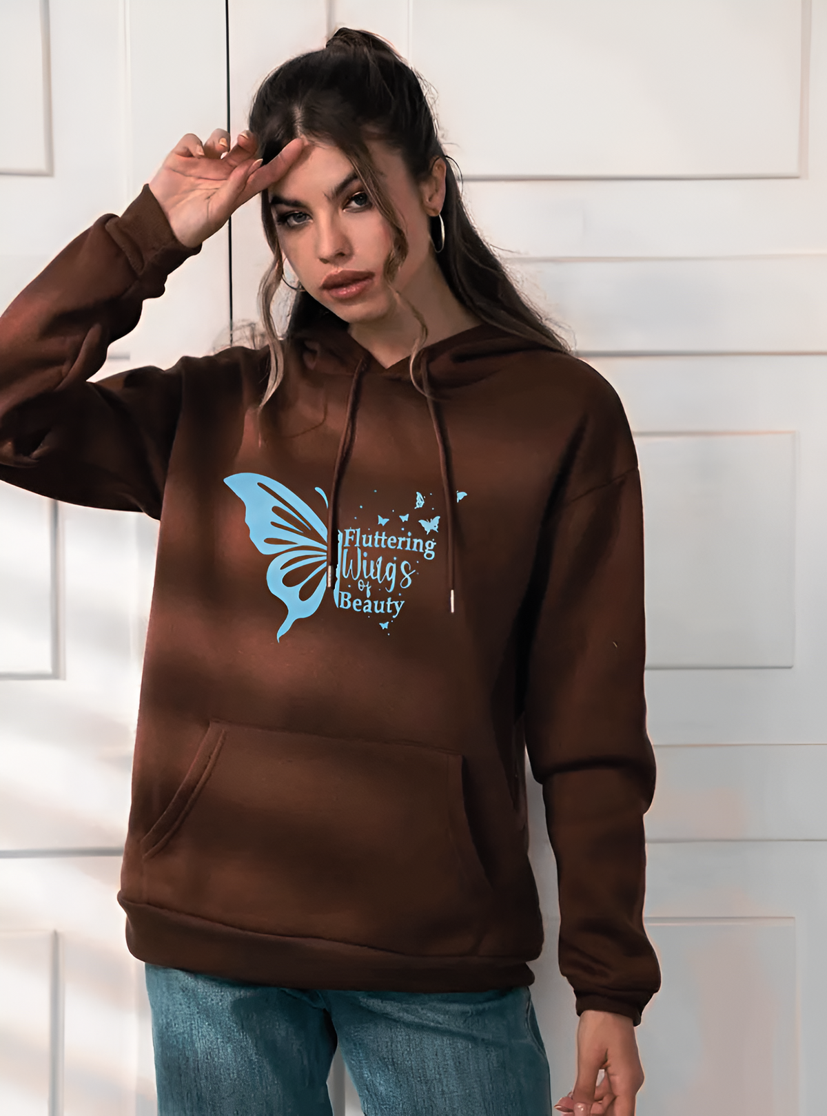 Exclusive Wuzann Brown Oversized Hoodie with Light Blue Butterfly print, Over sized Hoodie for Girls, Women, Printed hoodie Limited Edition