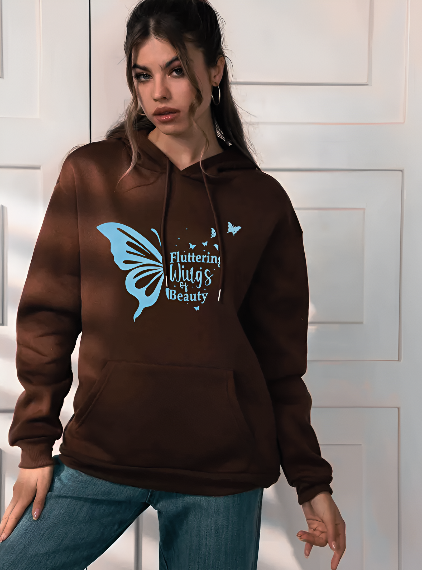 Exclusive Wuzann Brown Oversized Hoodie with Light Blue Butterfly print, Over sized Hoodie for Girls, Women, Printed hoodie Limited Edition