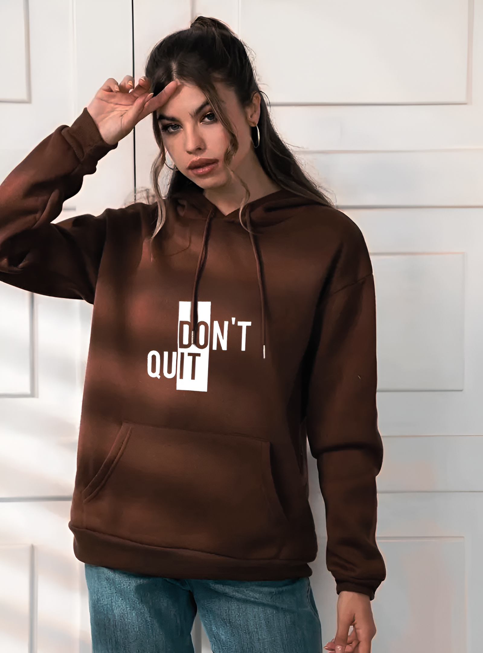 Glamorous Wuzaan Brown Oversized Hoodie with white “Do It – Don’t Quit” print, for Females, Printed Hoodies Limited Edition