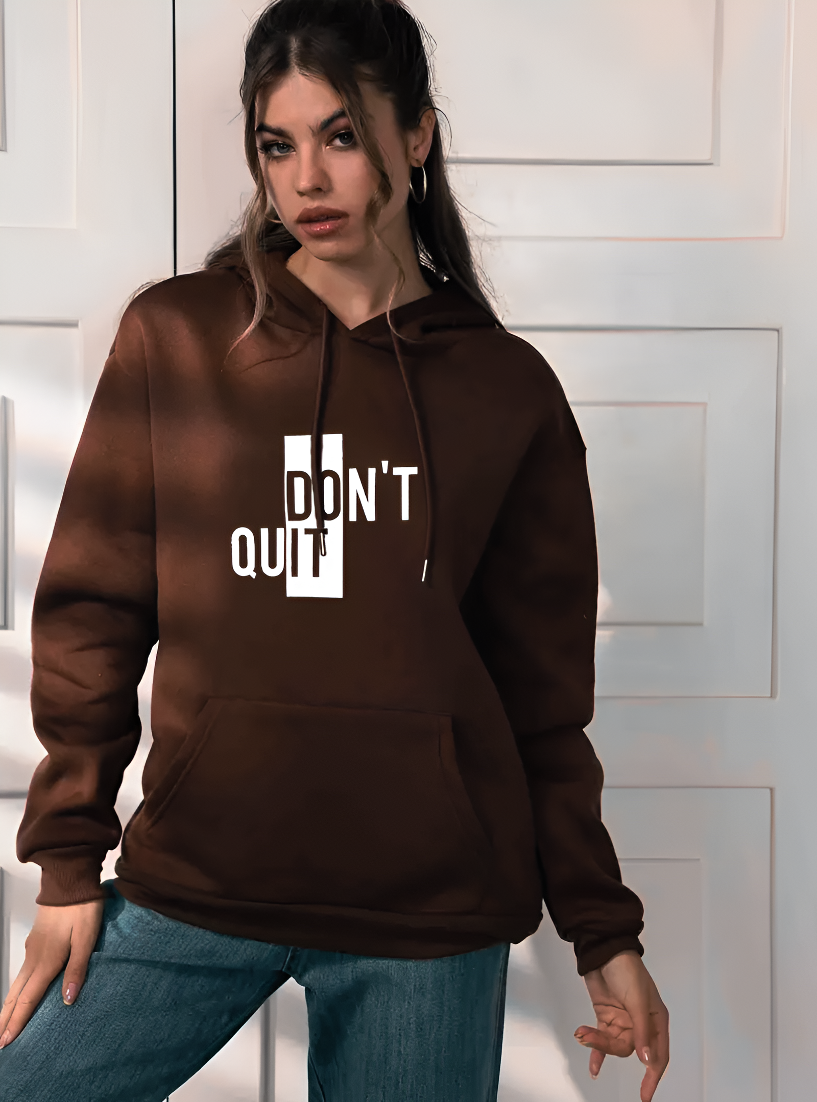 Glamorous Wuzaan Brown Oversized Hoodie with white “Do It – Don’t Quit” print, for Females, Printed Hoodies Limited Edition