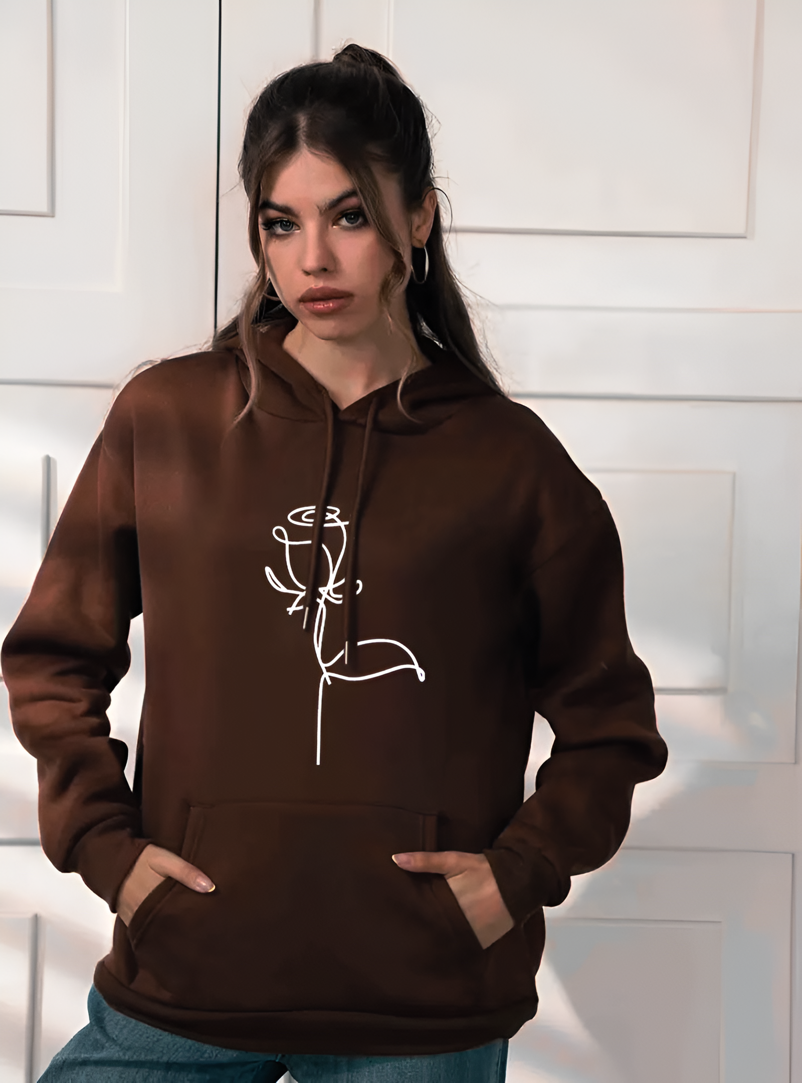 Exclusive Wuzaan Brown Hoodie with White Floral Print, Stylish Winter Hoodies for Girls & Women – Limited Edition