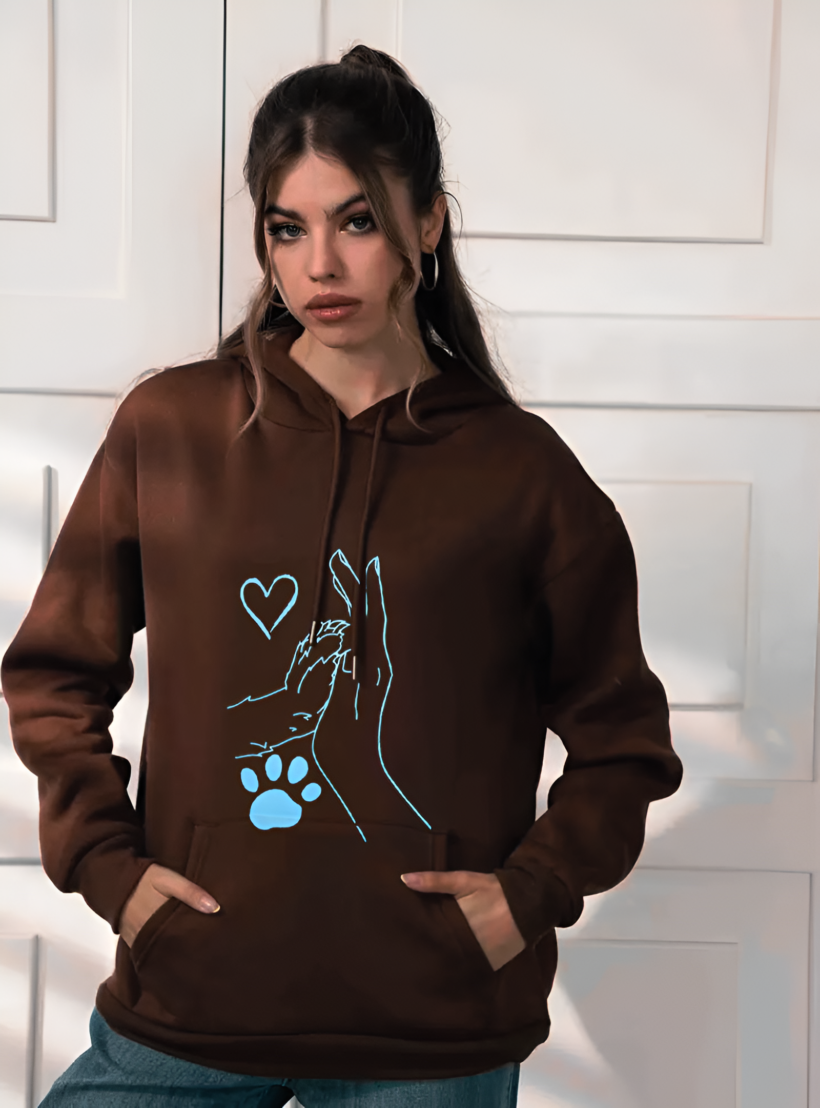 Glamorous Brown Oversized Hoodie with Light Blue “Hand and Paw” print, Over sized Hoodie for Girls, Women – Limited Edition