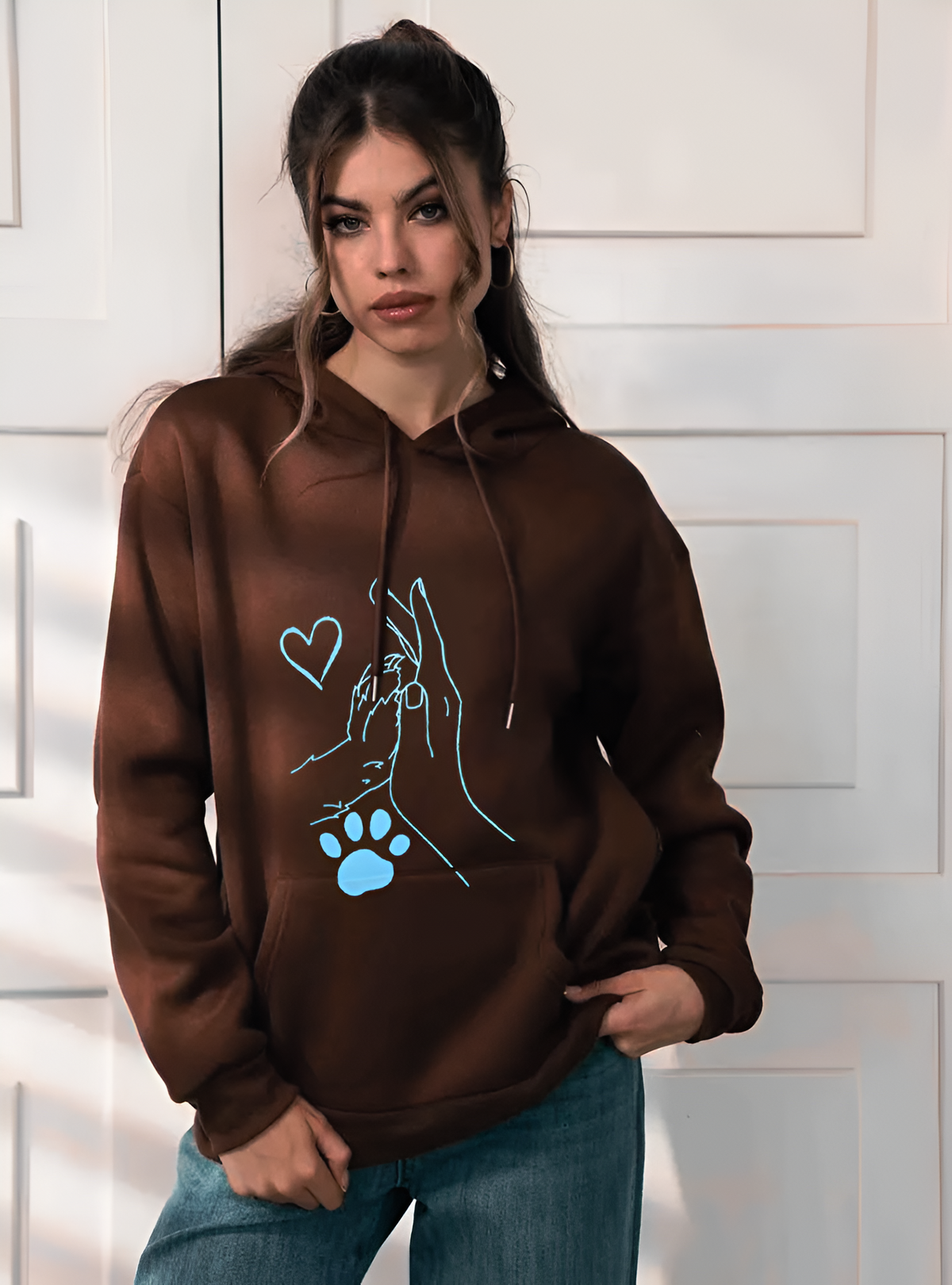 Glamorous Brown Oversized Hoodie with Light Blue “Hand and Paw” print, Over sized Hoodie for Girls, Women – Limited Edition